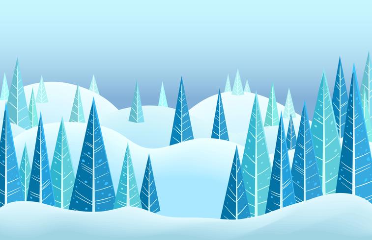 Vector il paesaggio orizzontale dell&#39;inverno con le colline ricoperte neve e gli alberi di conifere del triangolo. Illustrazione di cartone animato