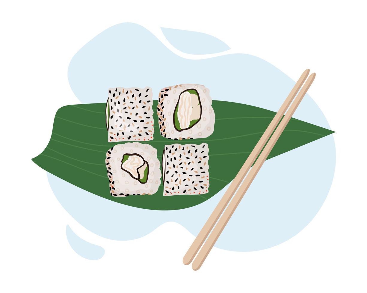 le bacchette tengono il rotolo. cucina tradizionale giapponese con frutti di mare freschi vettore