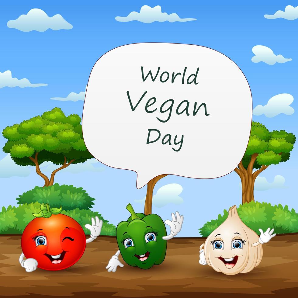 sfondo della giornata mondiale vegan con alcune verdure in stile cartone animato vettore