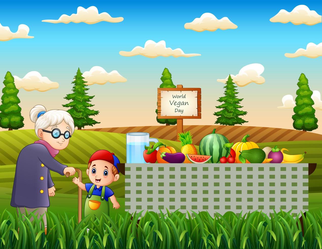 sfondo della giornata mondiale dei vegani con donne anziane e un ragazzo in giardino vettore