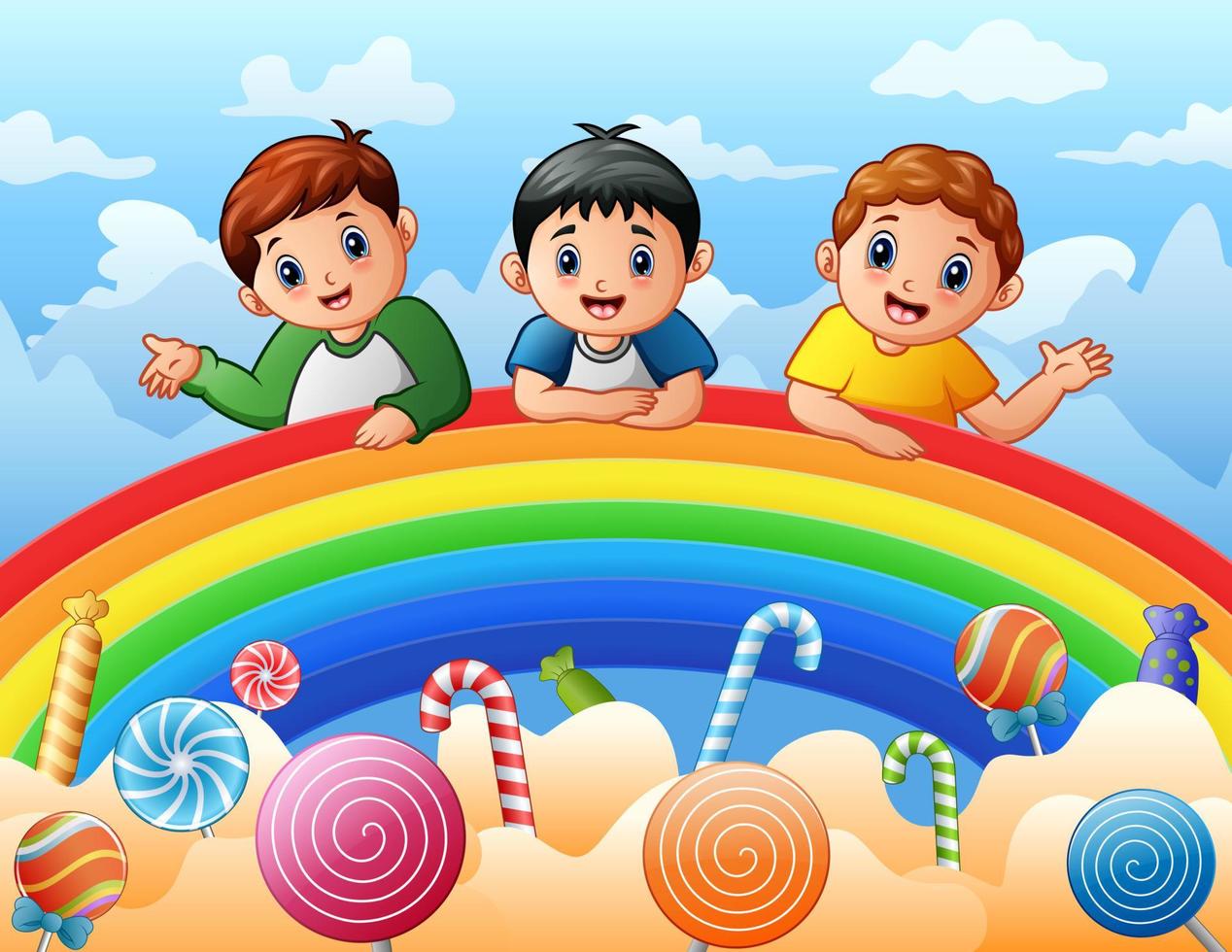 tre ragazzi su un'illustrazione arcobaleno vettore
