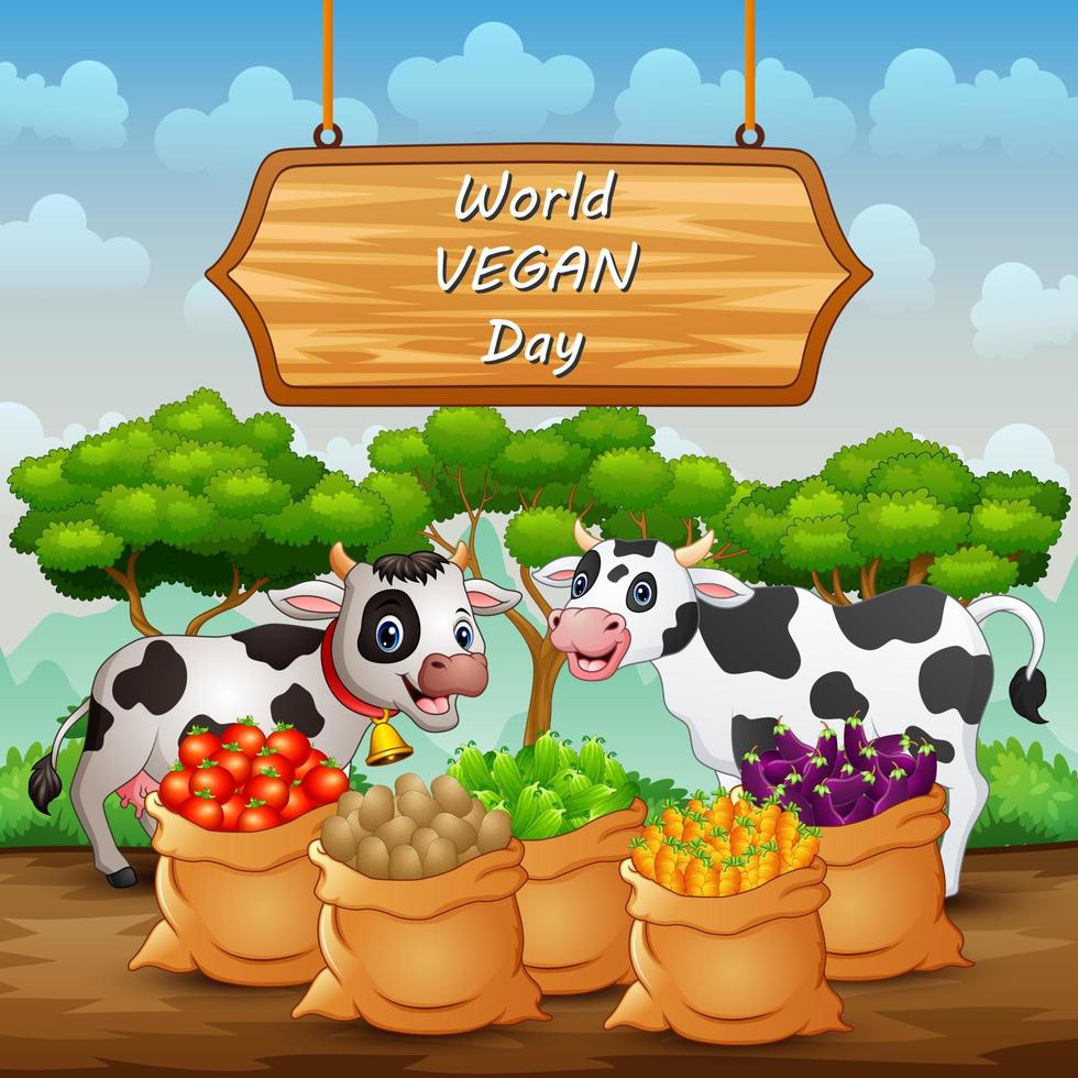felice giornata mondiale vegana segno sfondo con mucca e verdure nel sacco vettore