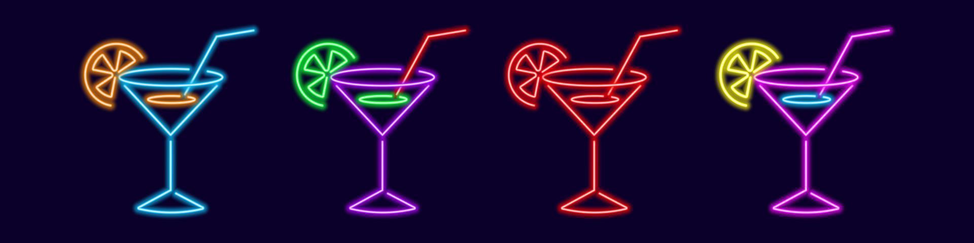 cocktail luminosi in bicchieri da martini al neon. knickerborker rosso con spicchio di lime e manhattan magenta al limone. margarita viola alla moda con sfumature di ricca laguna blu vettoriale. vettore