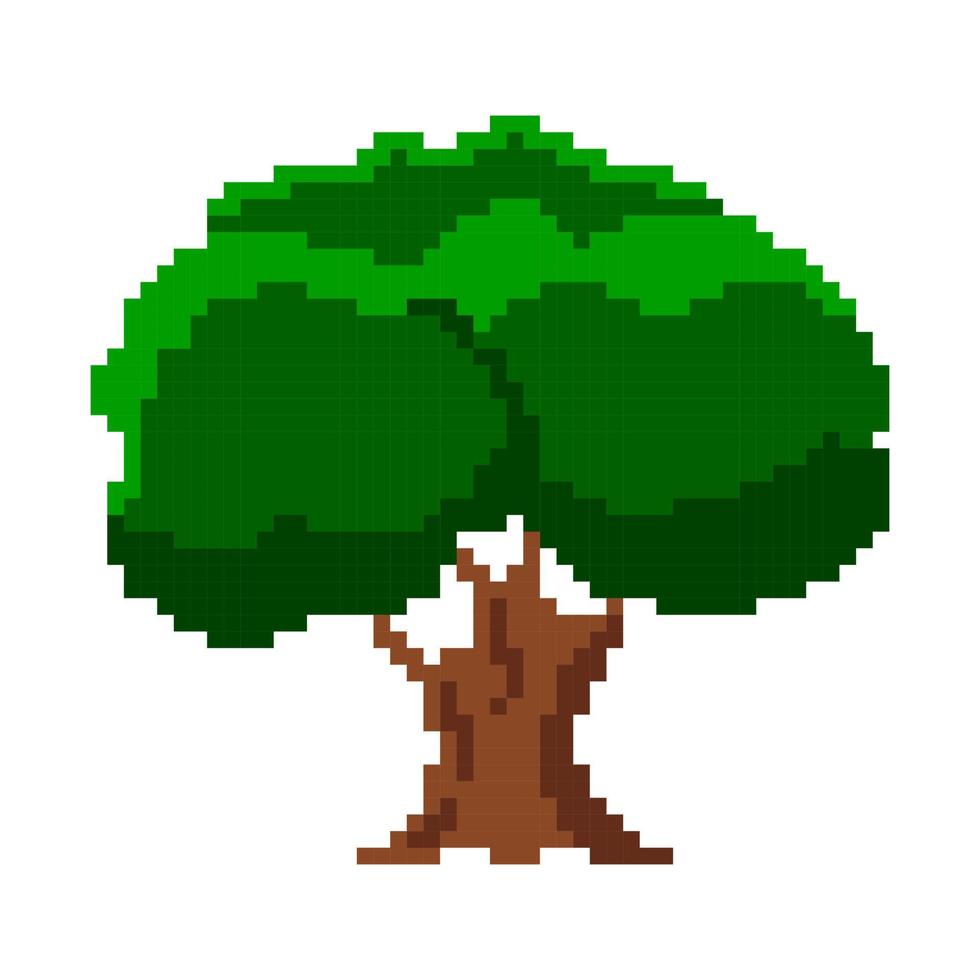 grande vecchio albero pixelato. antica quercia con fogliame verde e tronco marrone. guardiano magico della foresta di pixel vettoriali