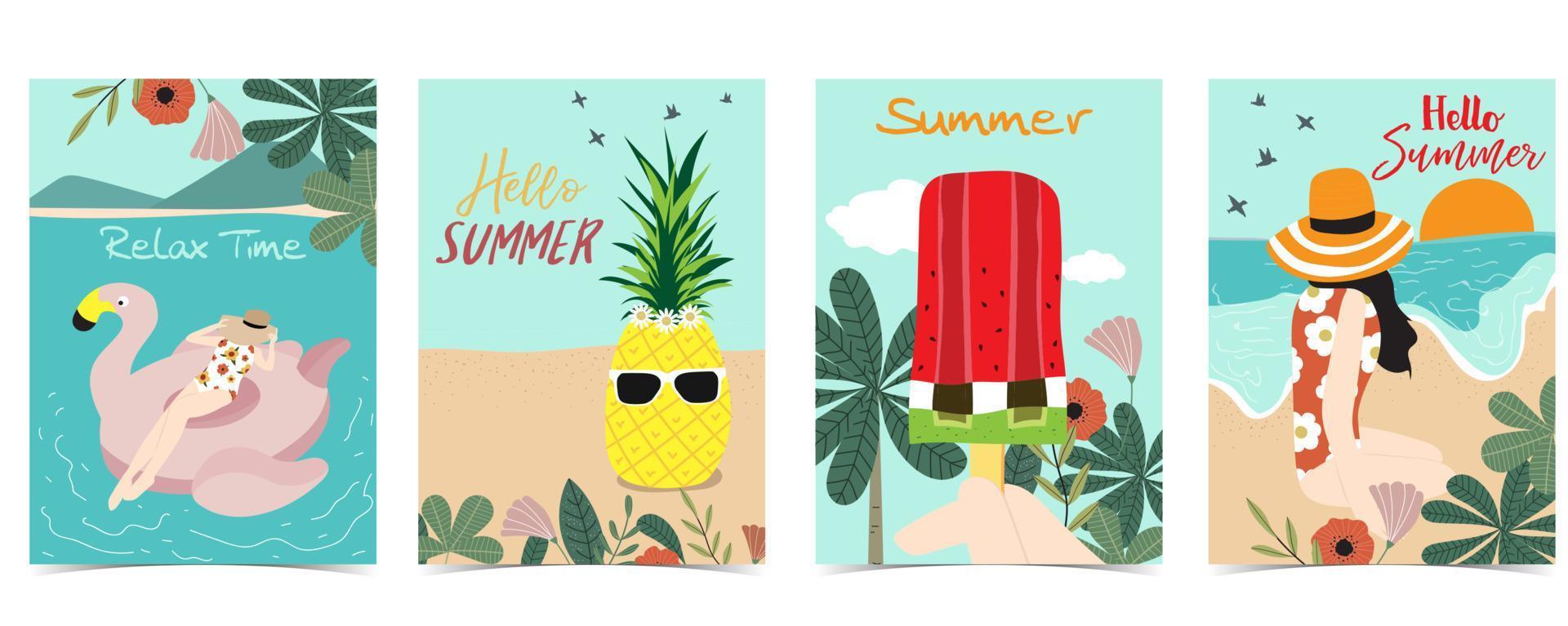 cartolina estiva con donne, fiori, spiaggia, albero, ananas, gelato e foglia vettore