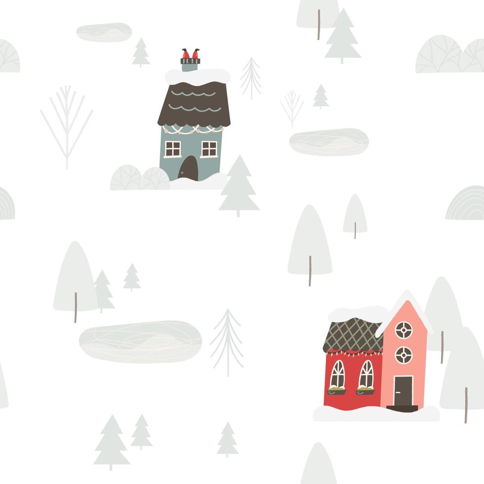 carino villaggio invernale motivo senza cuciture con case decorate e abeti, illustrazione vettoriale piatta su bianco. sfondo nordico scandinavo per carta da regalo o tessuto per le vacanze.