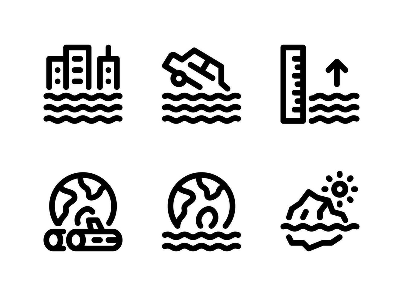 semplice set di icone di linee vettoriali relative ai cambiamenti climatici. contiene icone come inondazione in città, auto in piena, livello del mare e altro ancora.