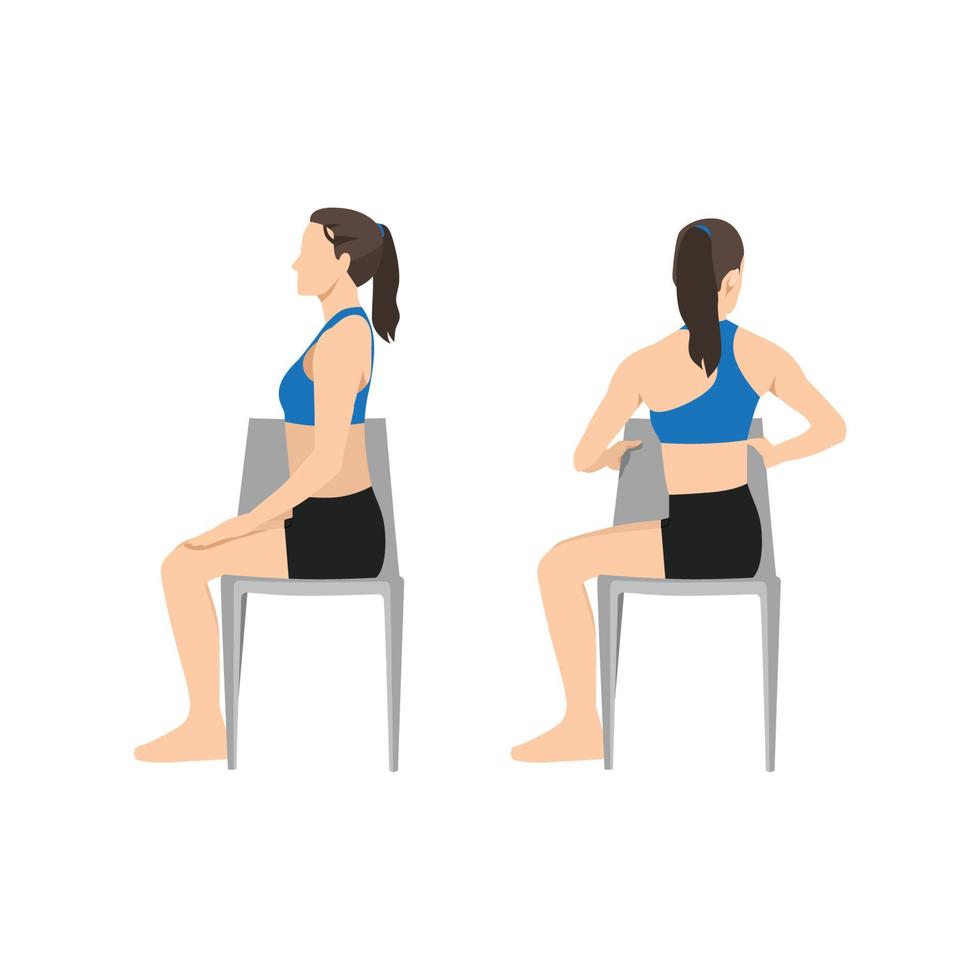 donna che fa la torsione spinale della sedia. esercizio di ardha matsyendrasana. illustrazione vettoriale piatta isolata su sfondo bianco