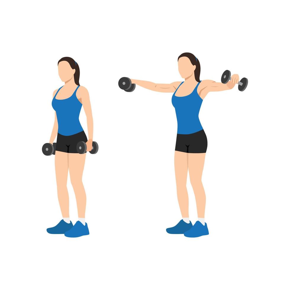 donna che fa sollevamenti laterali con manubri della spalla laterale. esercizio parziali di potenza. illustrazione vettoriale piatta isolata su sfondo bianco
