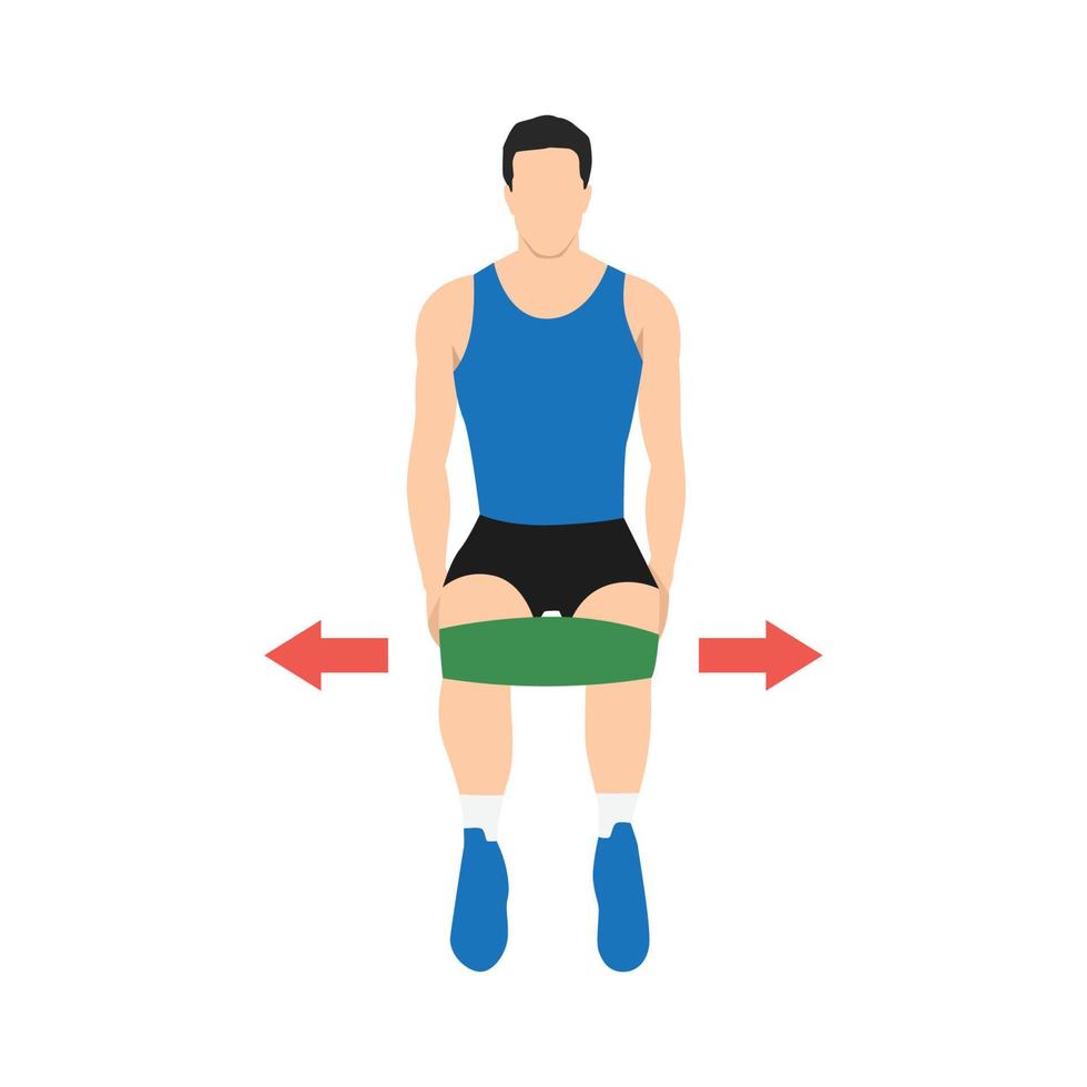 uomo che fa il rapimento isometrico dell'anca con l'esercizio della fascia di resistenza della fascia. illustrazione vettoriale piatta isolata su sfondo bianco