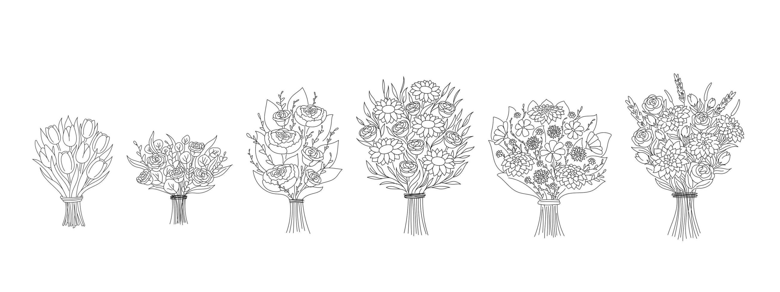 set di diversi mazzi di contorni doodle. raccolta di varie piante in fiore con steli e foglie isolate su bianco. decorazione floreale o regalo vettore