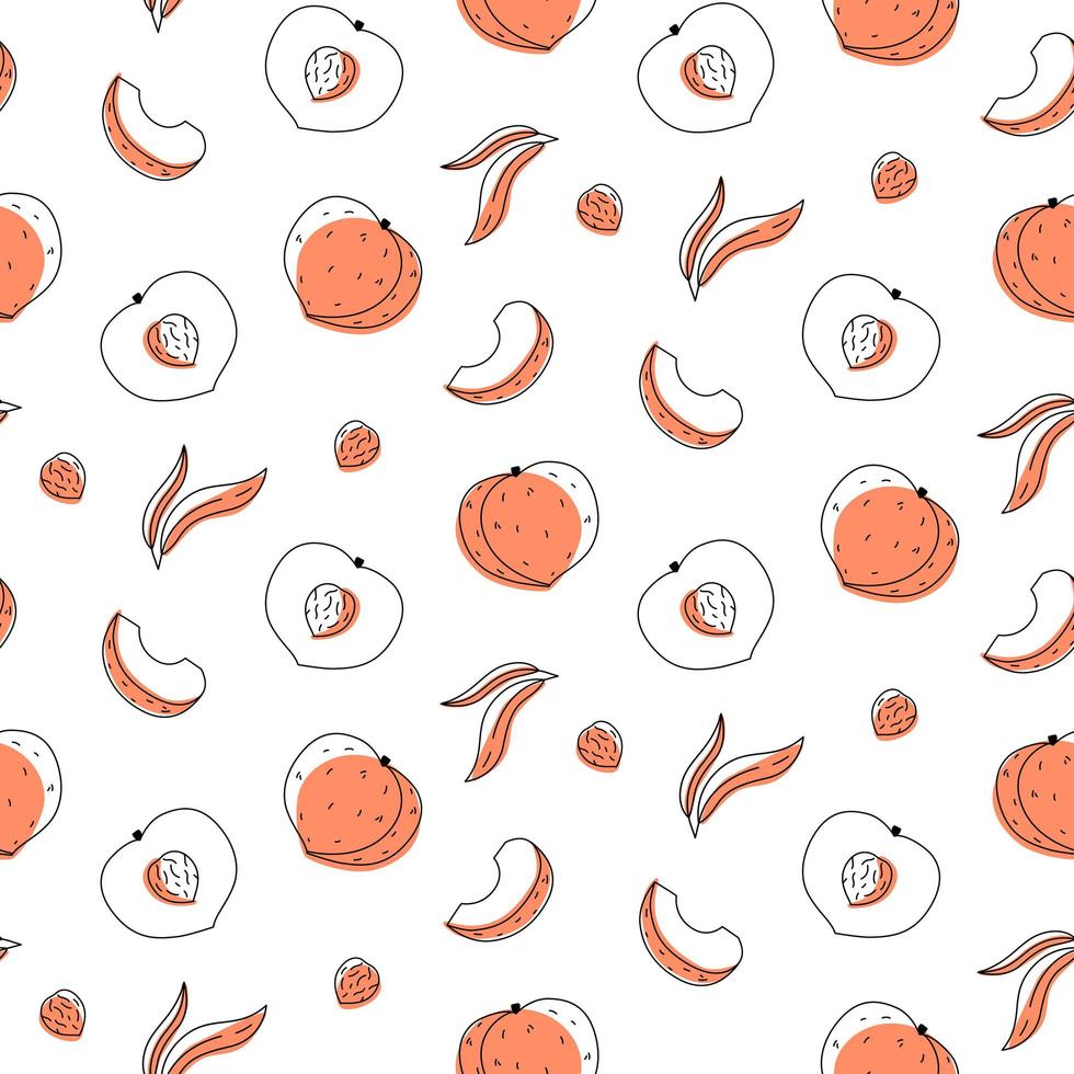 doodle di contorni di pesca senza cuciture con macchie. intero, pezzi, semi e foglie vettore