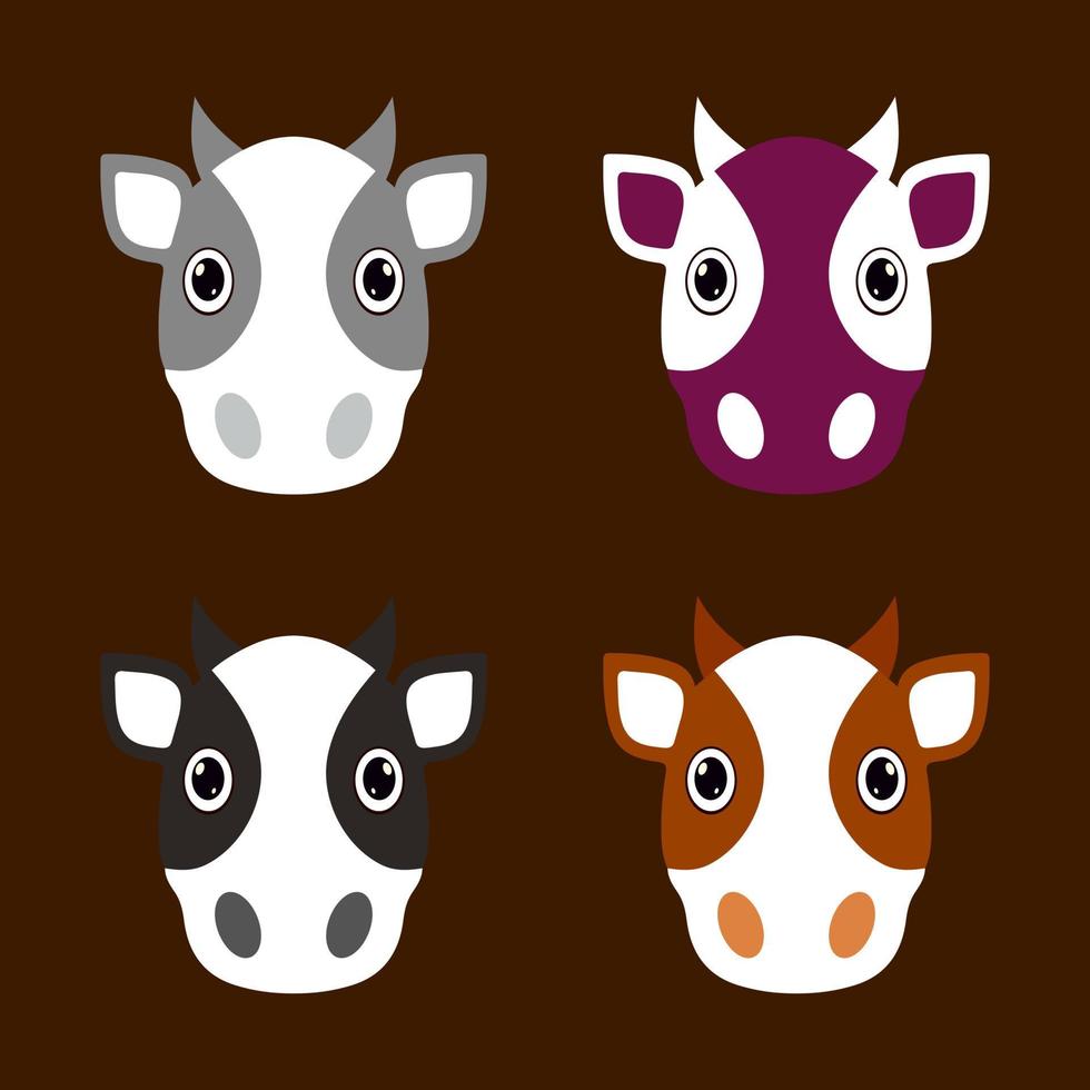 raccolta dell'icona del design del viso del fumetto della mucca. confezione di illustrazione vettoriale viso cartone animato mucca.