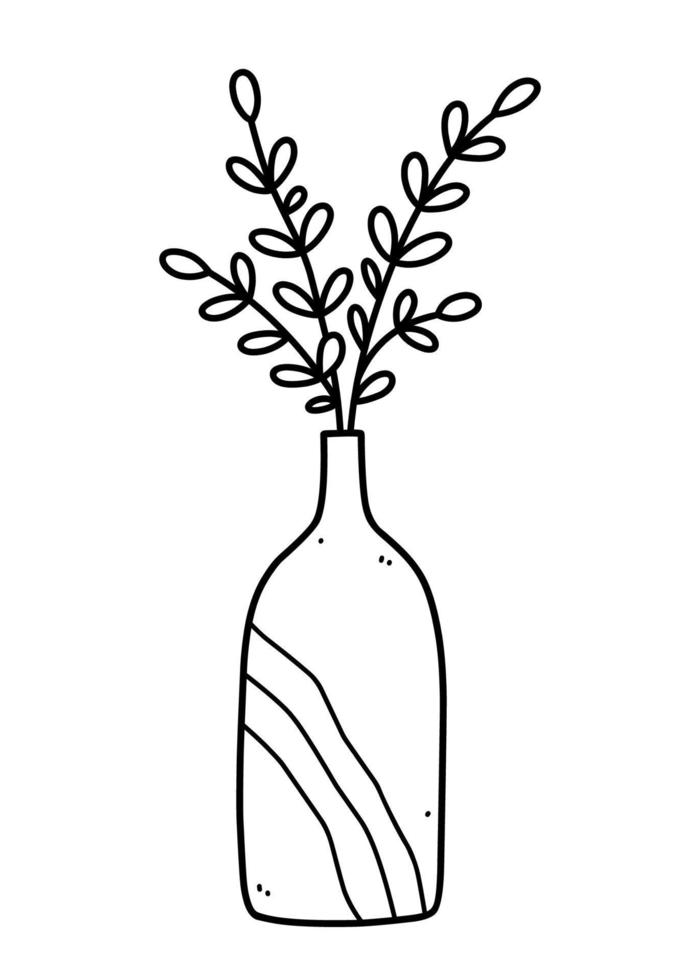 carino vaso con rami isolati su sfondo bianco. illustrazione disegnata a mano di vettore in stile doodle. perfetto per carte, decorazioni, logo.