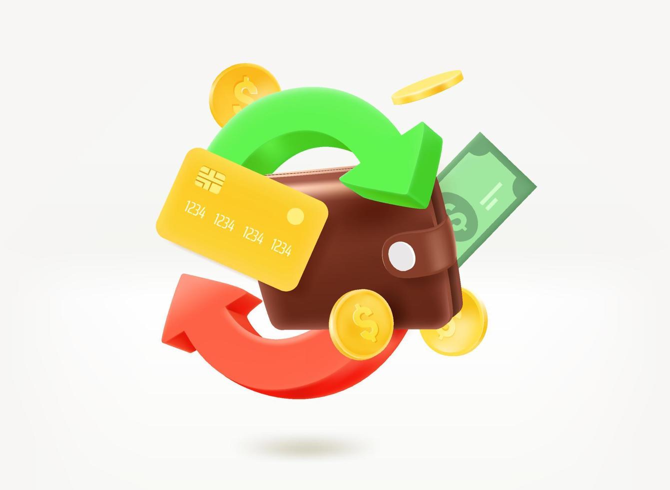 concetto di cashback con denaro, portafoglio e frecce. illustrazione vettoriale 3d