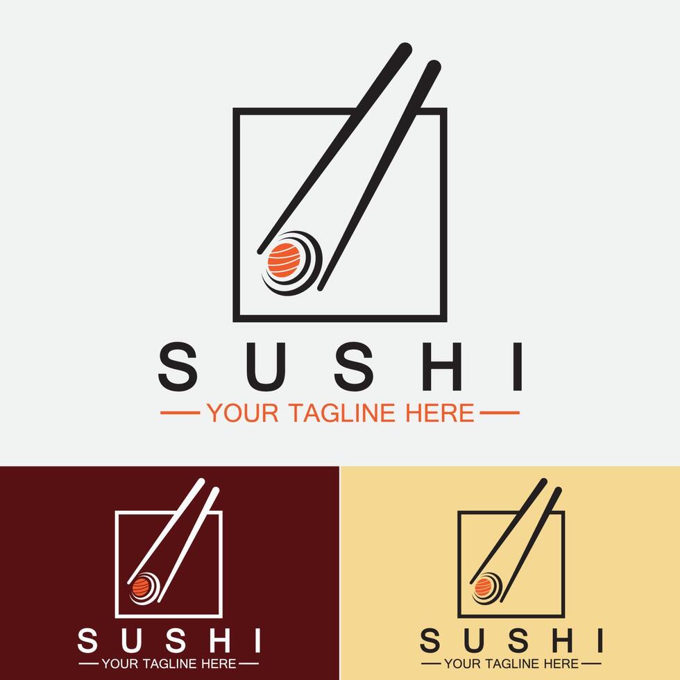 sushi logo template.vector icona stile illustrazione bar o negozio, sushi, rotolo di salmone, sushi e panini con bacchette bar o ristorante modello logo vettoriale