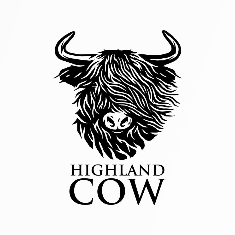 vettore illustrato ritratto di bovini dell'altopiano, mucca. testa carina di bestiame scozzese su sfondo bianco elemento di design per logo, poster, carta, banner, emblema, maglietta. illustrazione vettoriale.