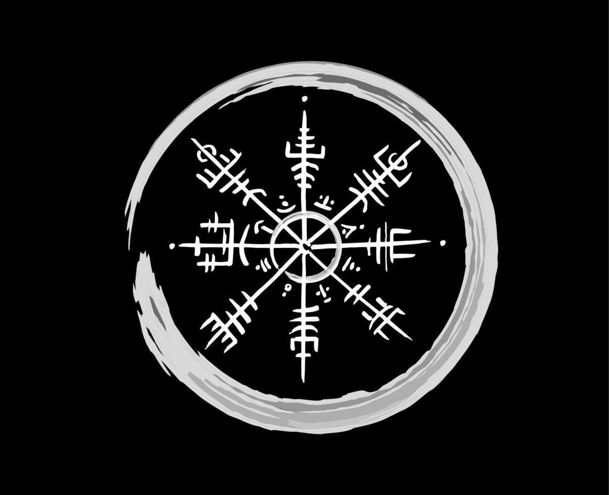 bussola runica vegvisir stile di disegno a matita bianca, disegno a mano di simboli vichinghi, sacro norreno, logo del tatuaggio, simboli magici runici grunge, illustrazione vettoriale isolato su sfondo nero