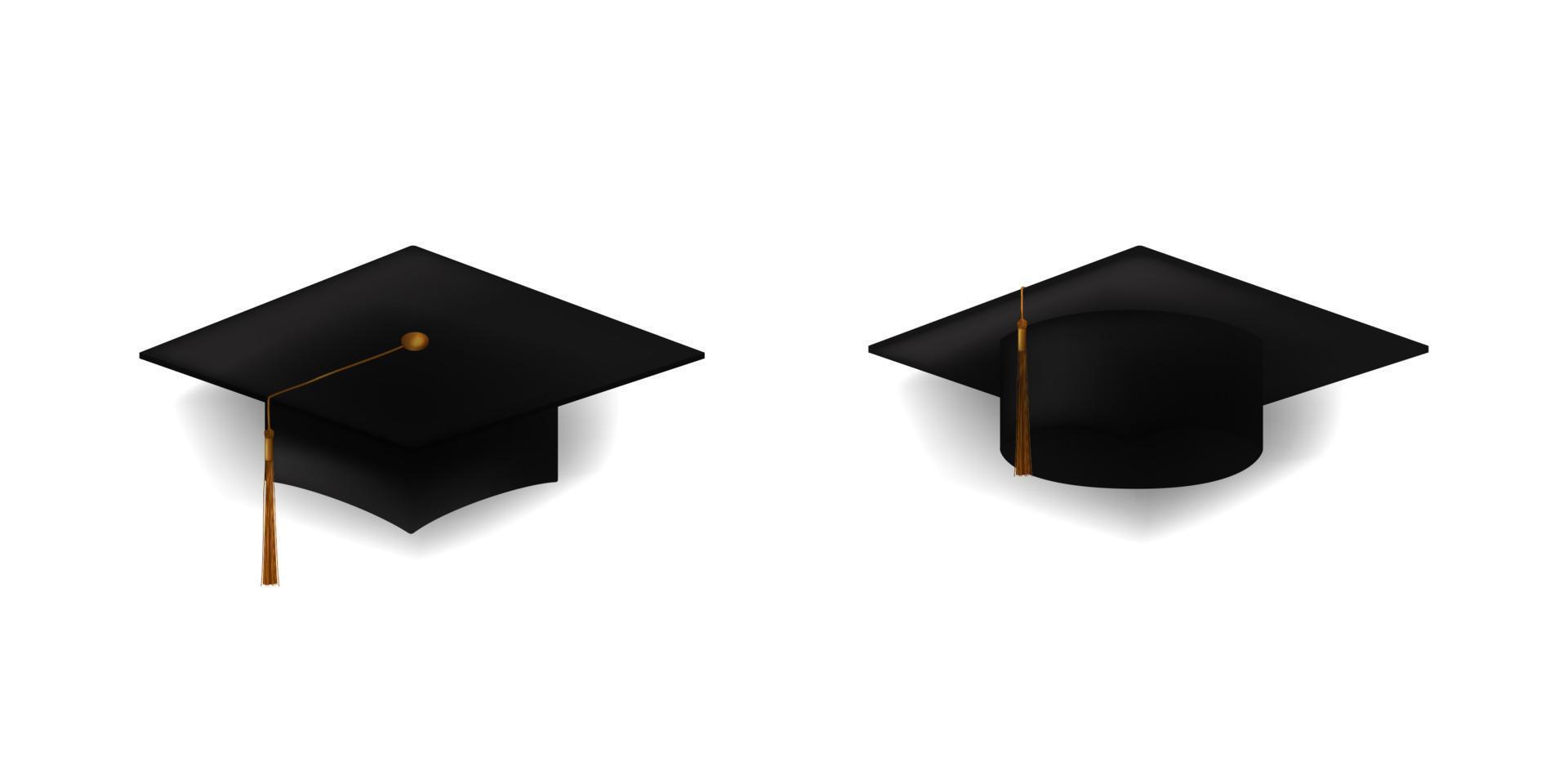 coppia di illustrazione 3d realistica del cappuccio di graduazione nera per l'elemento della festa di laurea vettore