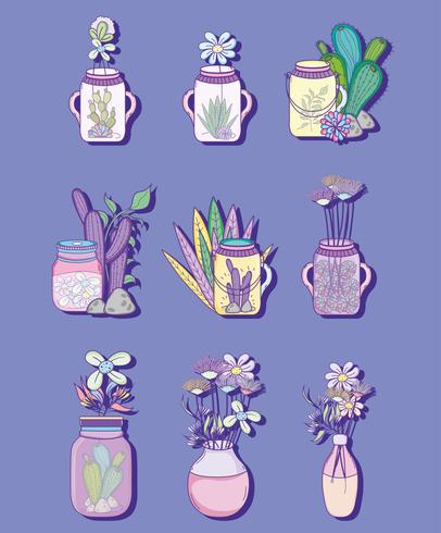 Set di barattolo di vetro con disegni di fiori vettore