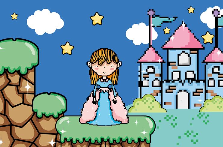 Paesaggio di fantasia di videogiochi pixel carino vettore