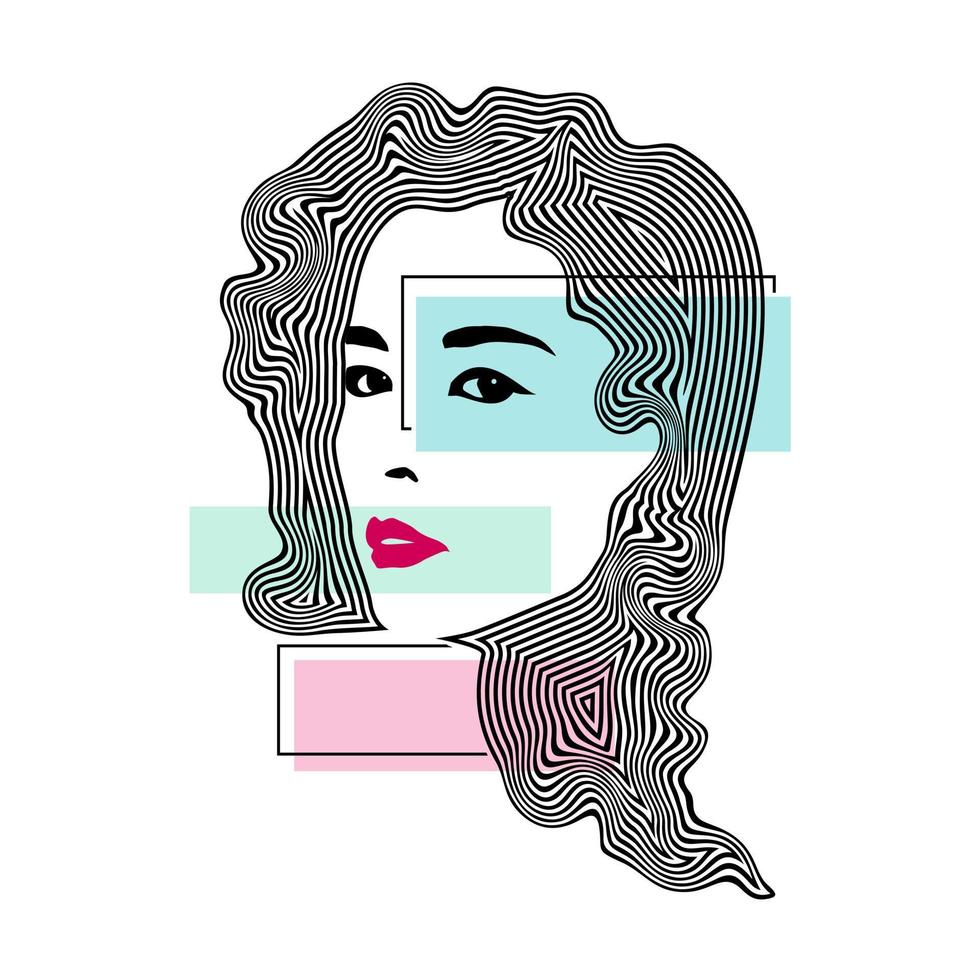 volto di donna con illustrazione vettoriale di capelli ondulati in stile astratto