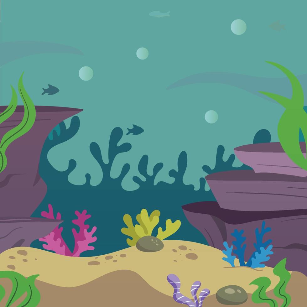 scena acquatica subacquea con simpatici pesci adorabili coralli d'acqua piante rocce sabbia. scena di sfondo dell'oceano. insieme di elementi subacquei. illustrazione disegnata a mano dei pesci del libro dei bambini. pesci sottomarini. acquario. vettore