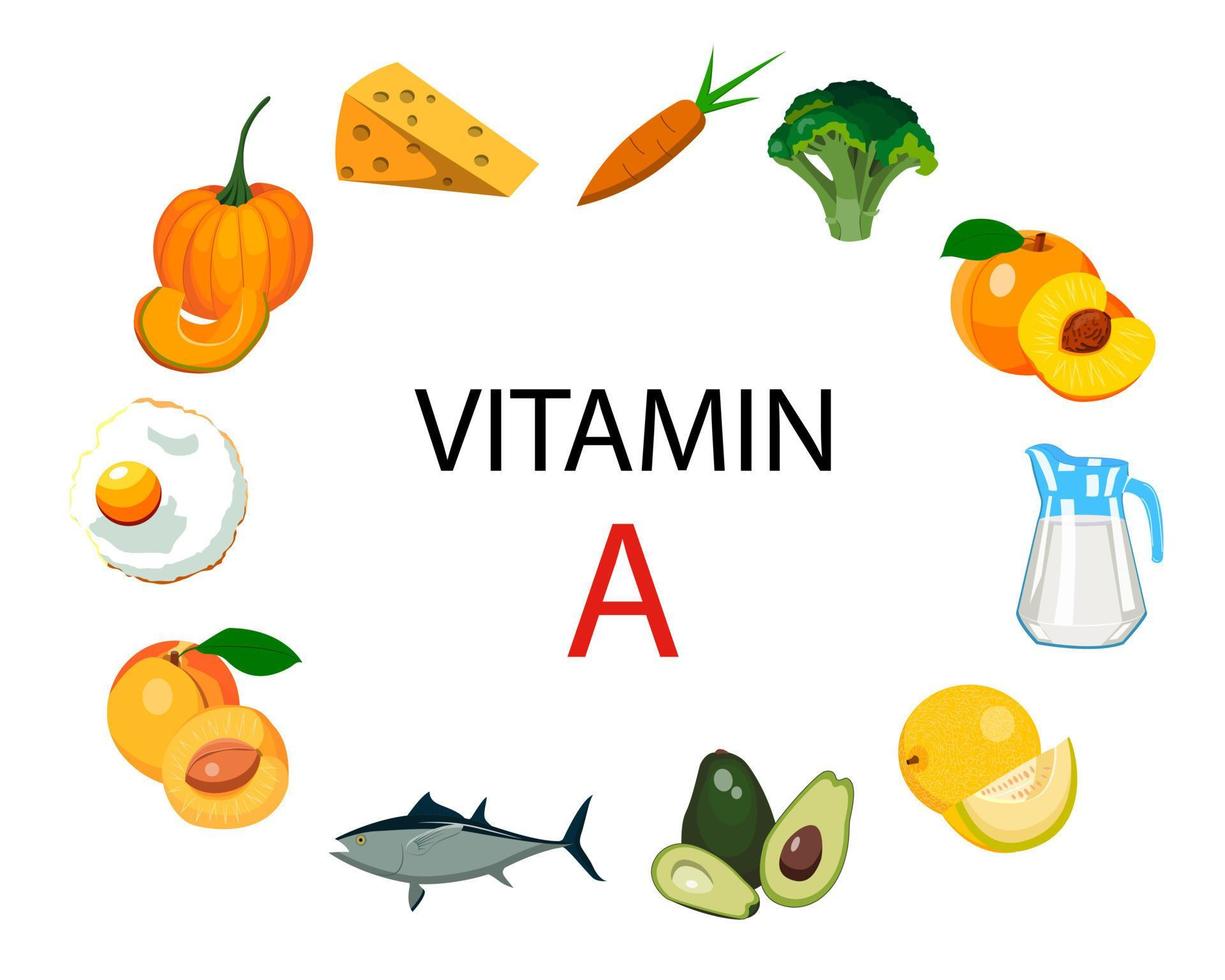 un insieme di fonti di vitamina a. frutta, verdura, pesce, latte e uova sono arricchiti con vitamina a. nutrizione dietetica, composizione degli alimenti biologici. vettore