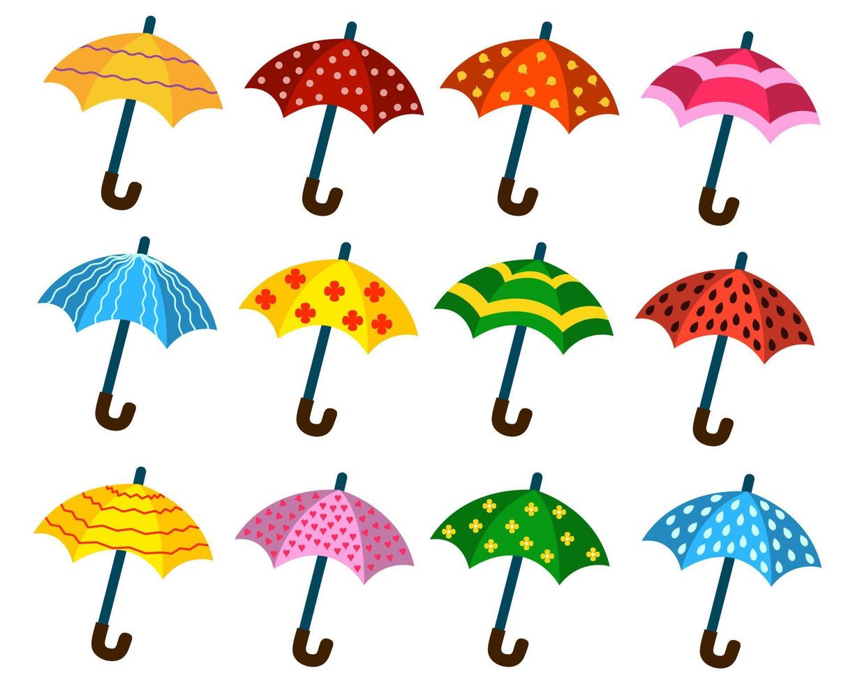una serie di ombrelli dei cartoni animati con motivi diversi. vettore