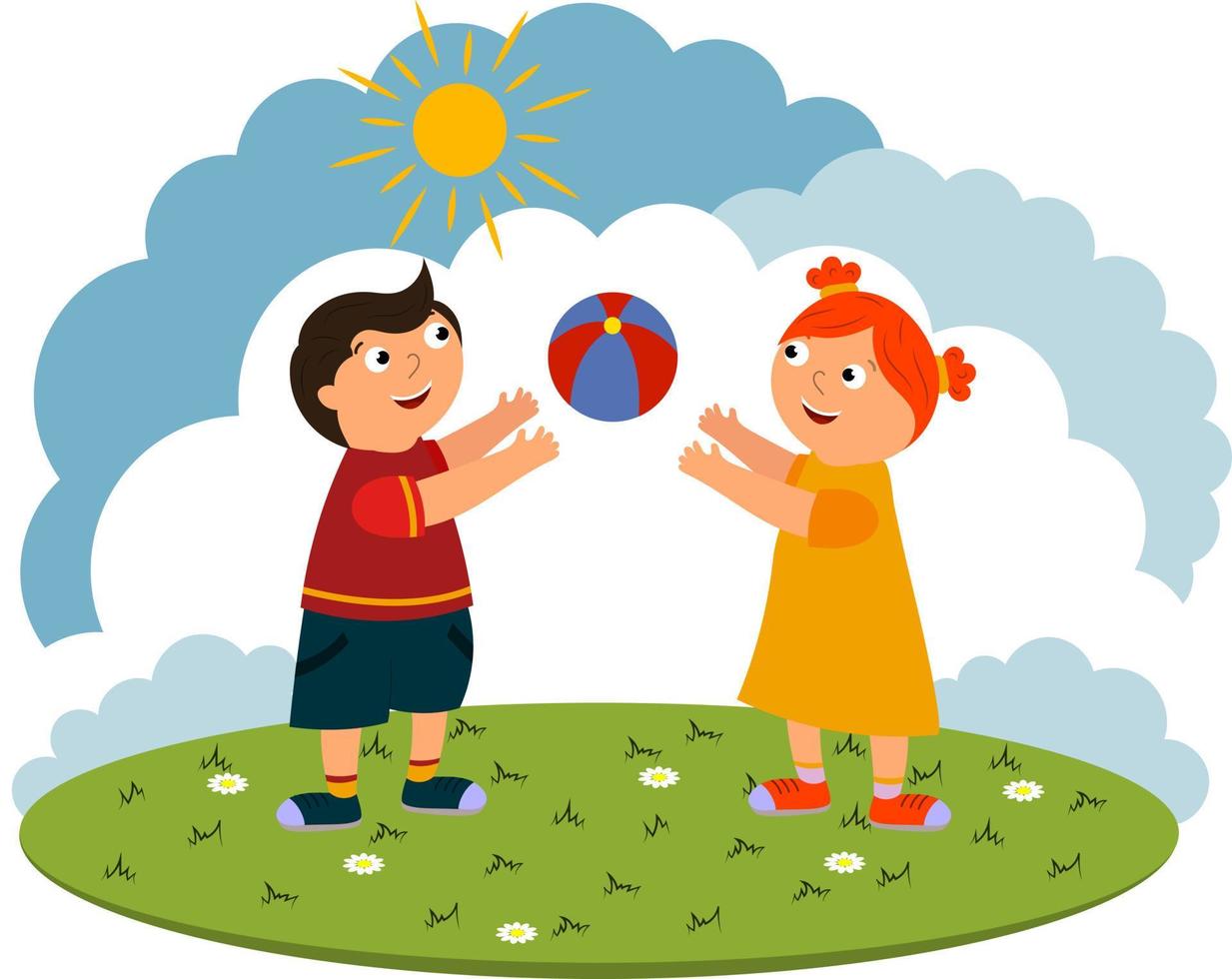illustrazione vettoriale di bambini che giocano con una palla fuori in estate in natura