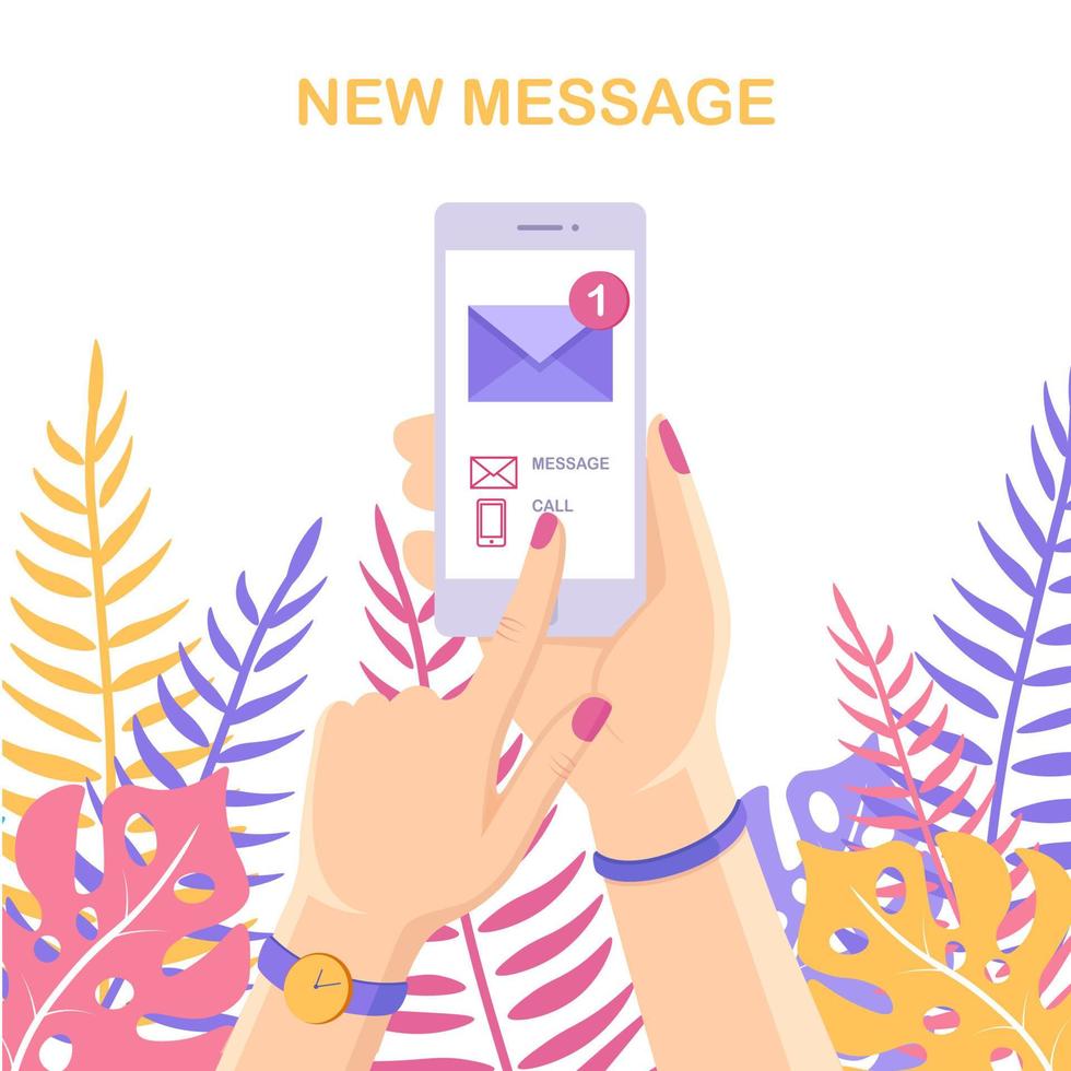 smartphone bianco con notifica messaggio sullo schermo. avviso del telefono cellulare sulla nuova e-mail. disegno del fumetto vettoriale