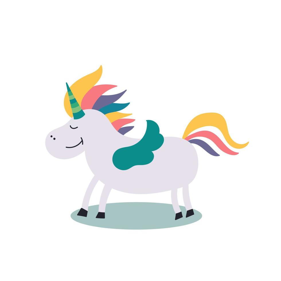 personaggio fiabesco unicorno arcobaleno con ali. fiabe vettore