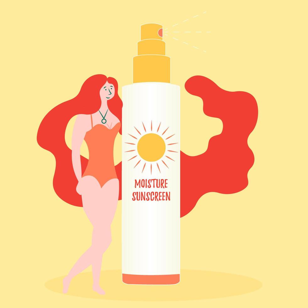 una ragazza pubblicizza uno spray per proteggersi dal sole. radiazione solare ultravioletta. crema solare. crema solare idratante vettore