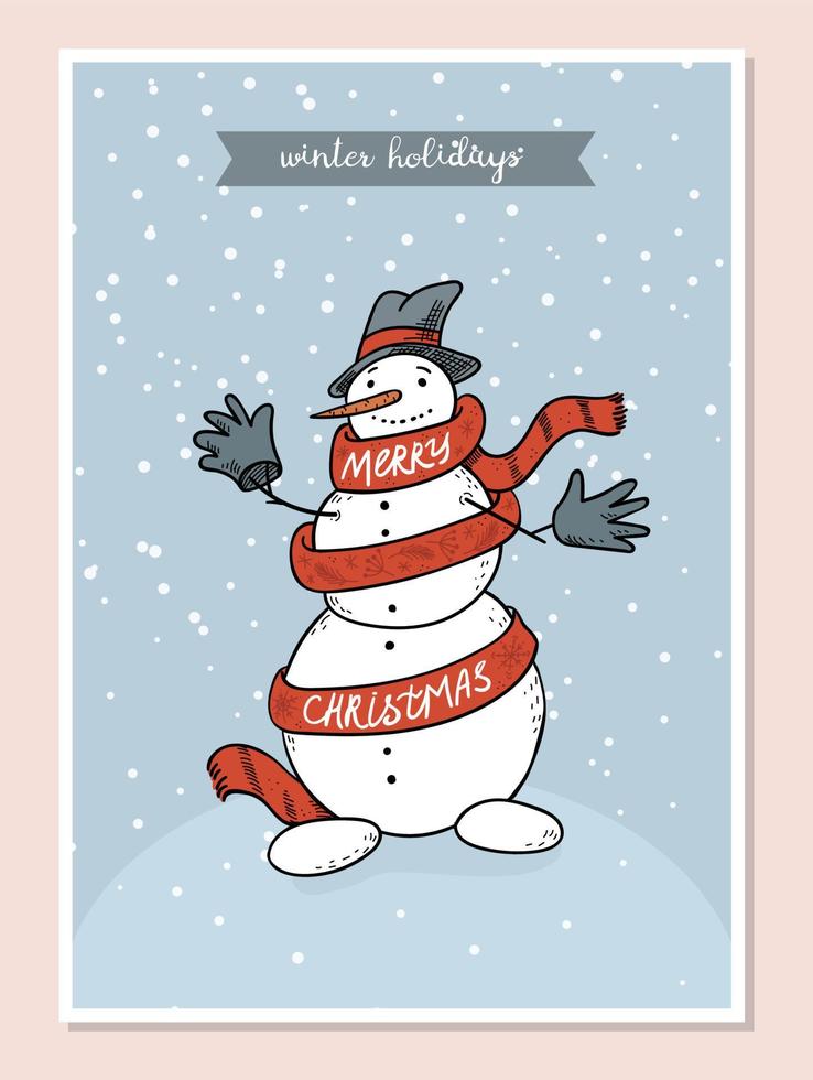 un pupazzo di neve disegnato a mano avvolto in una sciarpa rossa si trova sotto una nevicata con un cappello, agitando le mani guantate e augura un buon natale. illustrazione vettoriale stock biglietto di auguri nei colori blu.