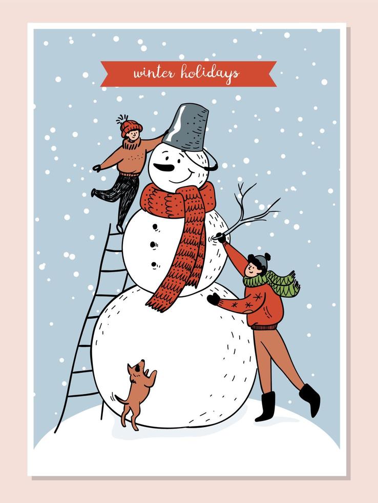 costruzione familiare di un enorme pupazzo di neve carino. papà e figlio sulle scale insieme al cane fanno un pupazzo di neve con un secchio in testa e una sciarpa rossa. illustrazione stock vettoriale nei colori blu e rosso.