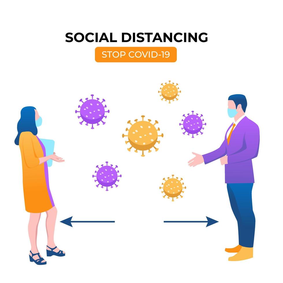 distanza sociale, mantenere le distanze nella società pubblica persone da proteggere dal concetto di diffusione dell'epidemia di coronavirus covid-19, uomo d'affari e donna mantenere le distanze nell'incontro con i patogeni del virus vettore