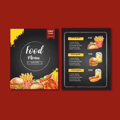 Progettazione di menu ristorante fast food. Alimento dell&#39;aperitivo dell&#39;elenco del menu del fondo del confine della struttura, progettazione del modello, progettazione creativa dell&#39;illustrazione di vettore dell&#39;acquerello