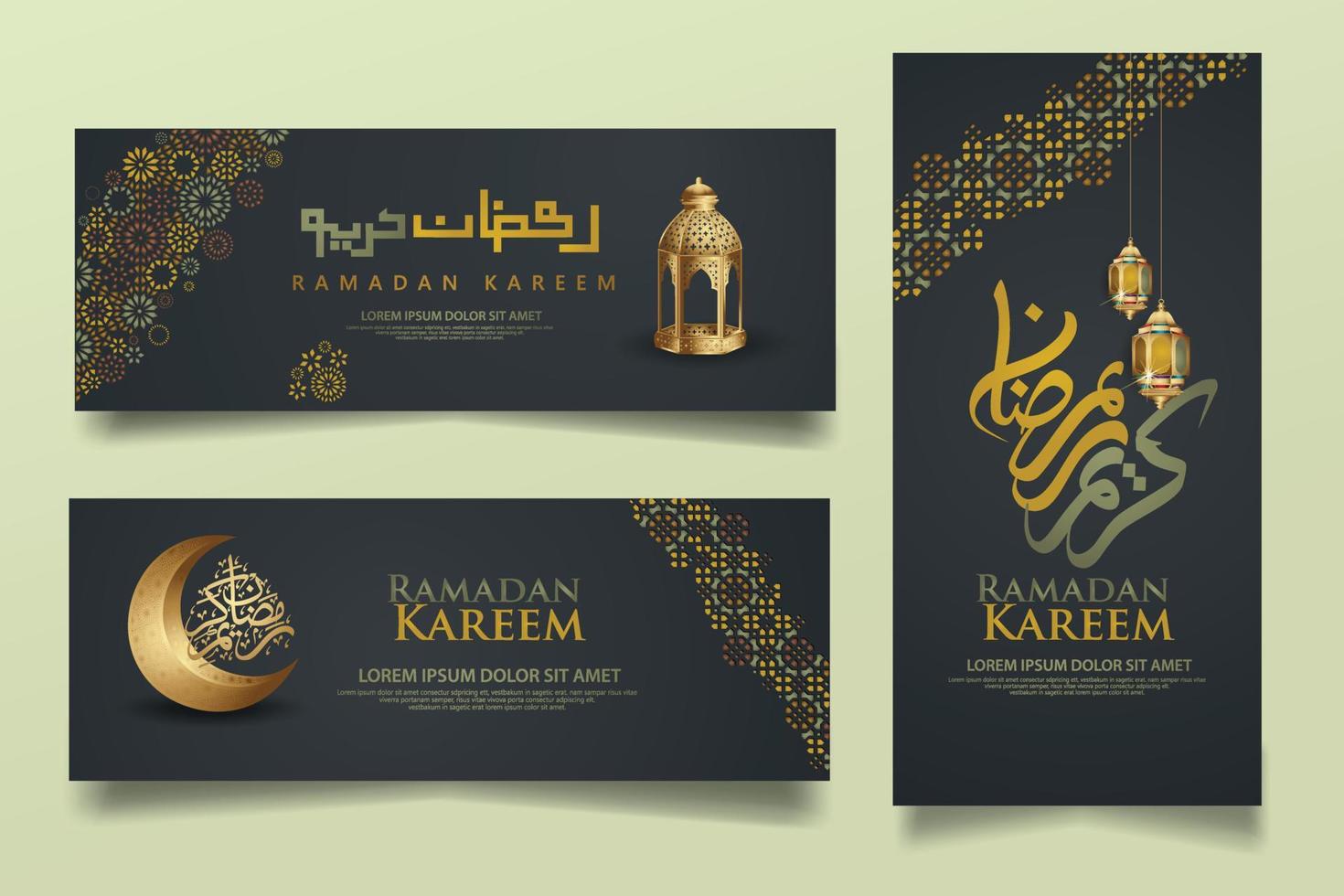 modello di set di banner roll up di lusso ed elegante, ramadan kareem con calligrafia islamica, luna crescente, lanterna tradizionale e motivo moschea texture sfondo islamico vettore