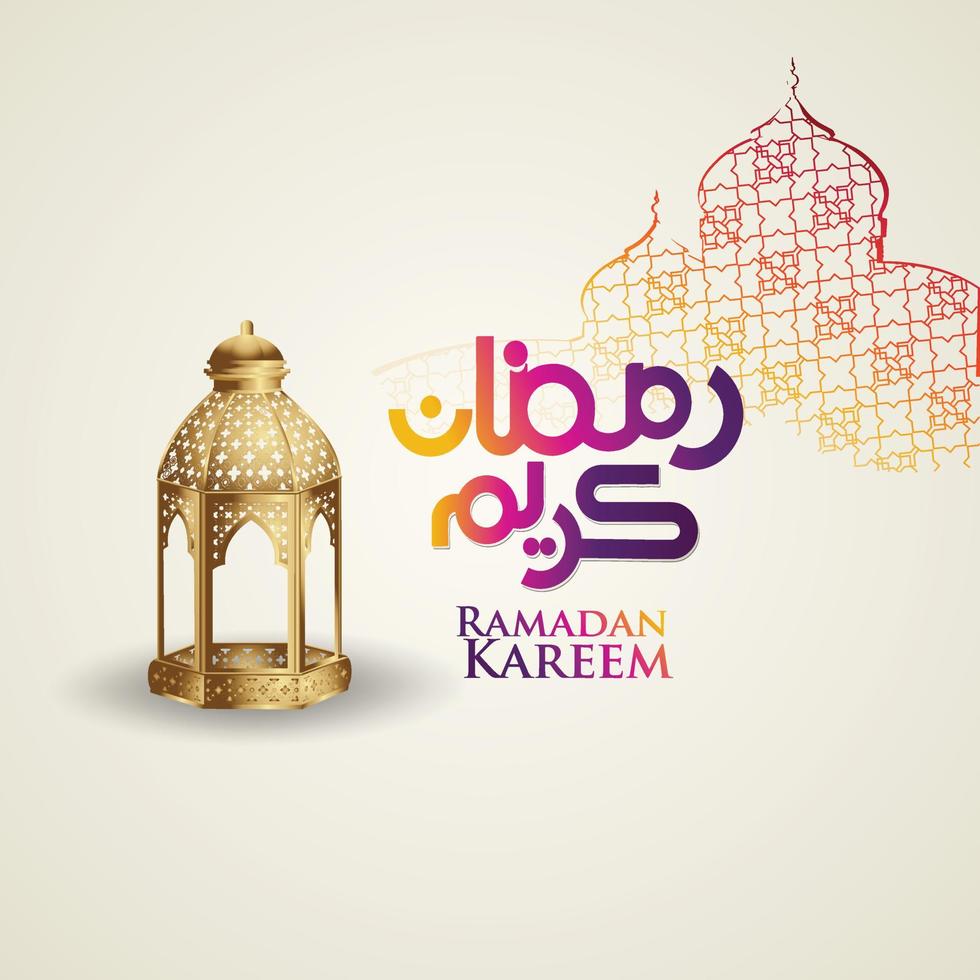 design lussuoso ramadan kareem con calligrafia araba, luna crescente, lanterna tradizionale e motivo moschea texture sfondo islamico. illustrazione vettoriale. vettore