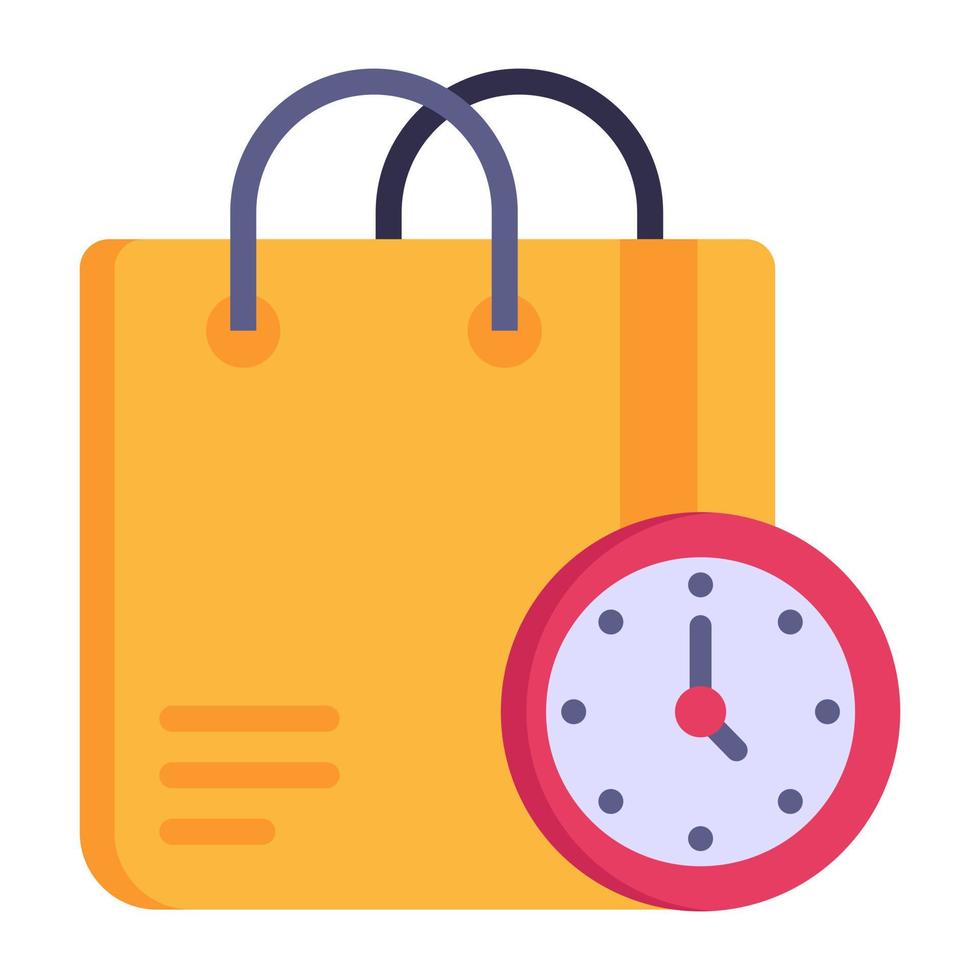 icona piatta del tempo dello shopping, orologio con borsa della spesa vettore