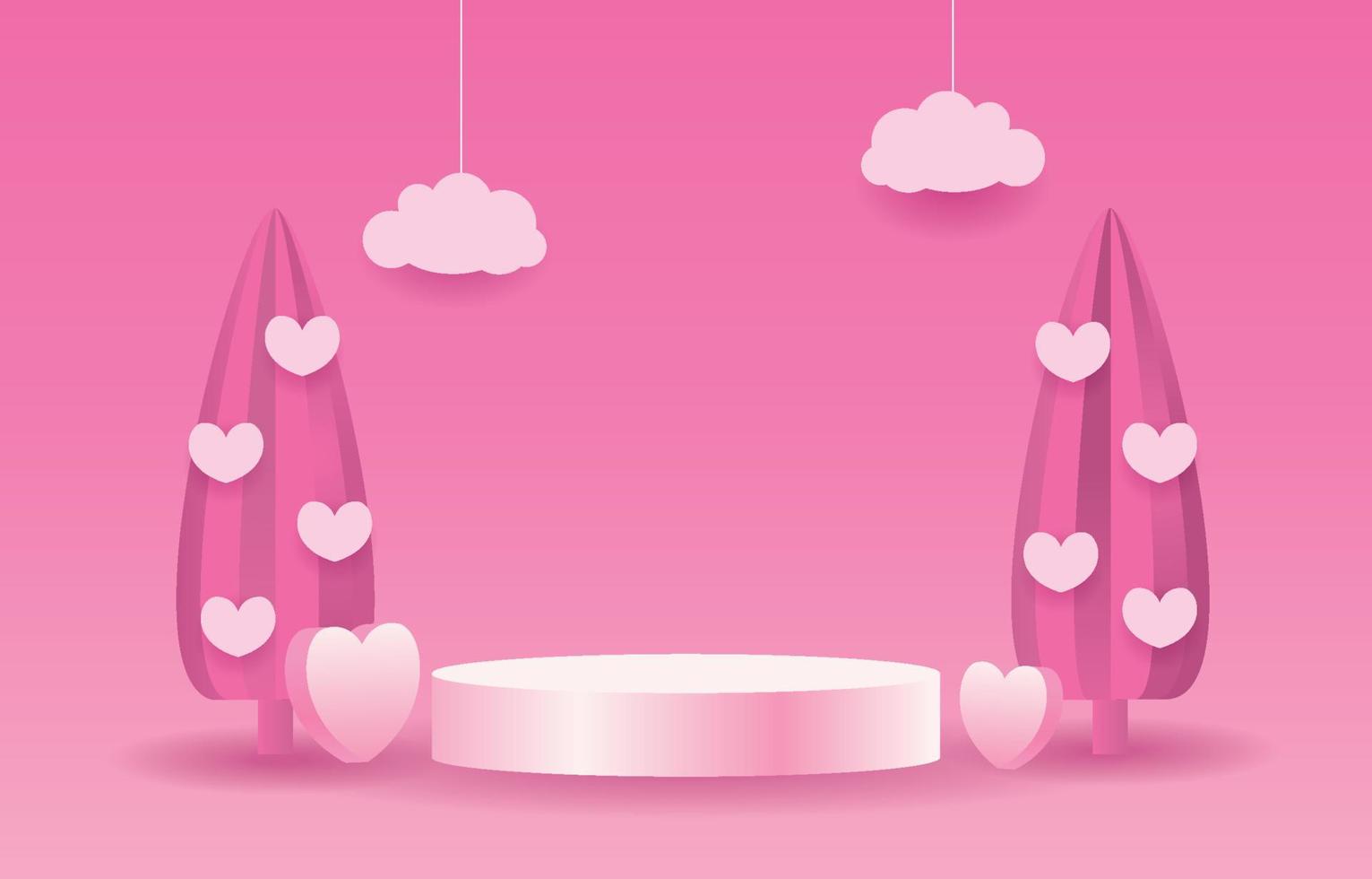 palco rosa per posizionare i prodotti. podio a cilindro vuoto. concetto di amore o San Valentino. sfondo rosa dolce decorato con cuori, scatole regalo e borse della spesa. progettato per sfondo, banner vettore