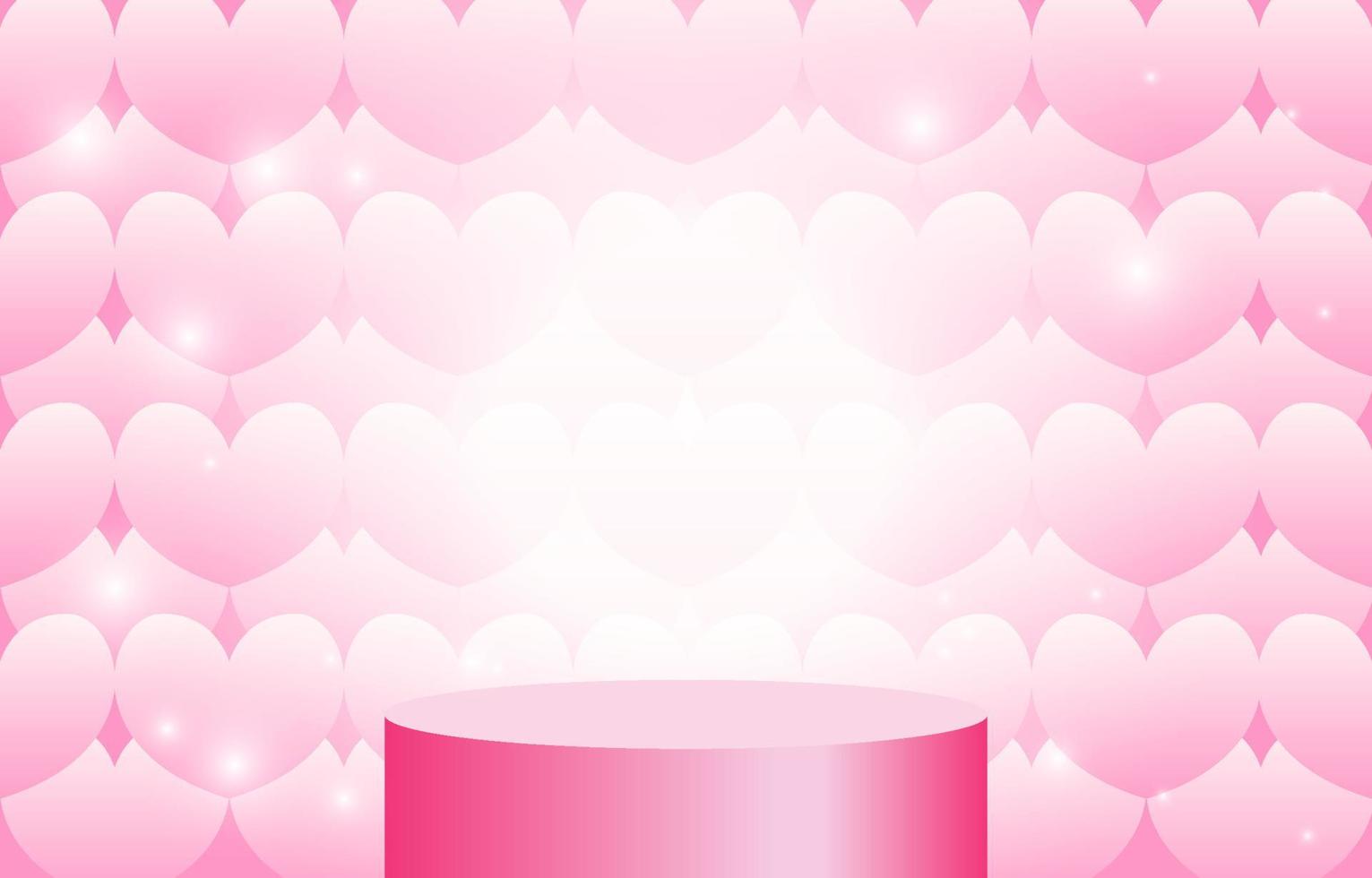 palco rosa per posizionare i prodotti. podio a cilindro vuoto. concetto di amore o San Valentino. sfondo rosa dolce decorato con cuori, scatole regalo e borse della spesa. progettato per sfondo, banner vettore
