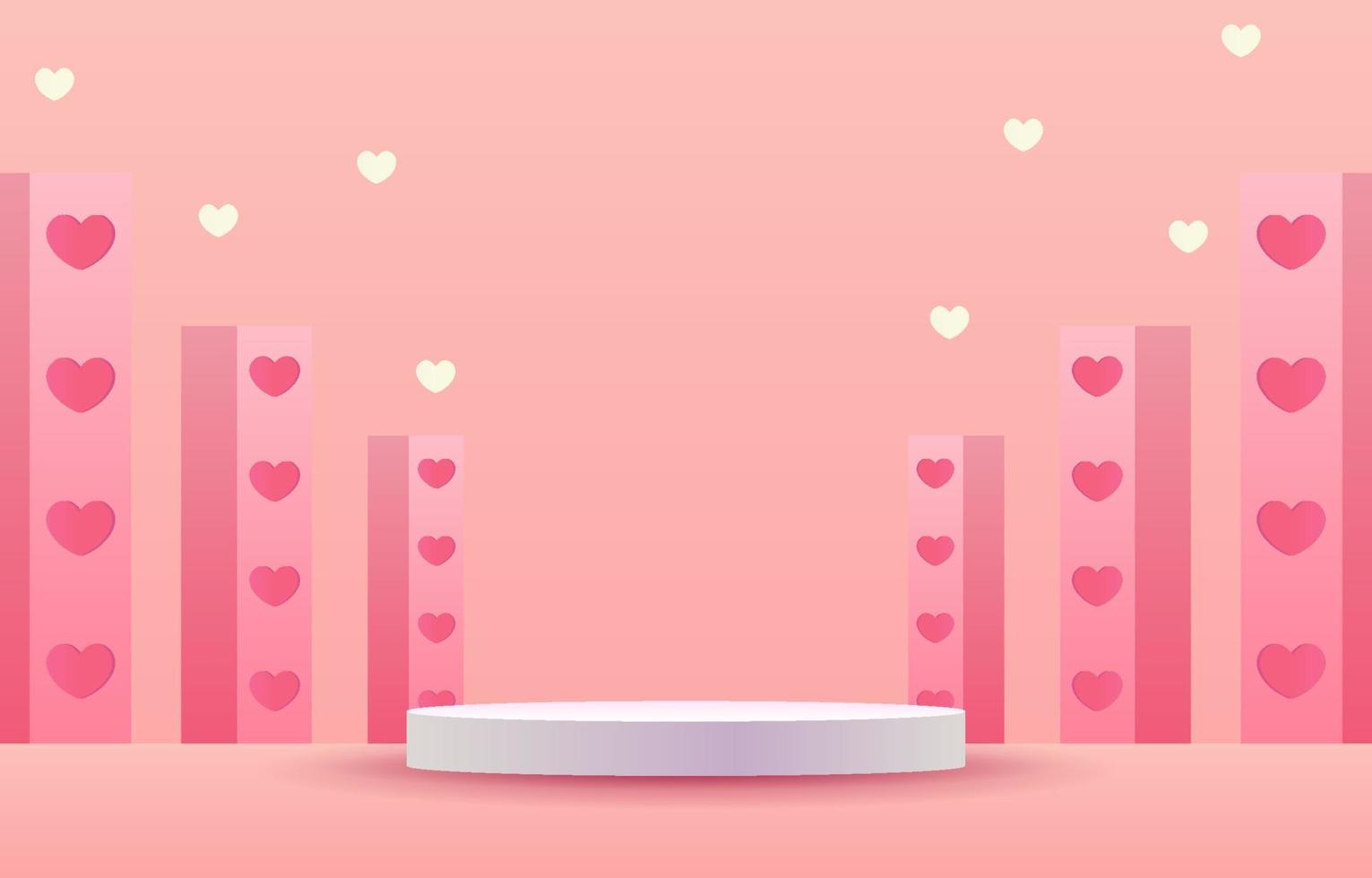 palco rosa per posizionare i prodotti. podio a cilindro vuoto. concetto di amore o San Valentino. sfondo rosa dolce decorato con cuori, scatole regalo e borse della spesa. progettato per sfondo, banner vettore