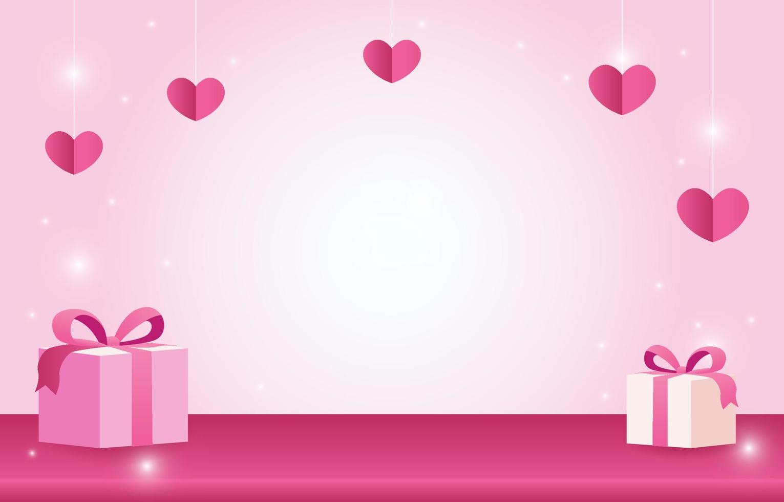 palco rosa per posizionare i prodotti. podio a cilindro vuoto. concetto di amore o San Valentino. sfondo rosa dolce decorato con cuori, scatole regalo e borse della spesa. progettato per sfondo, banner vettore