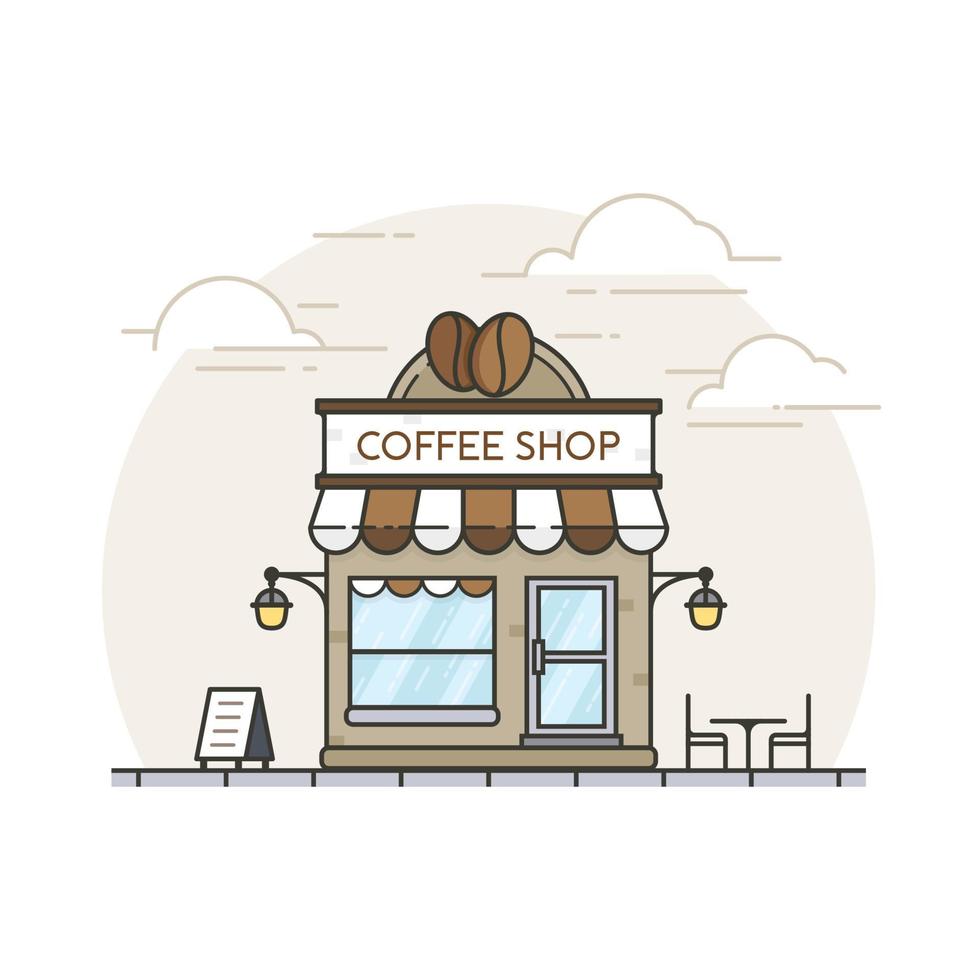 caffetteria. edificio della caffetteria in stile piatto con sfondo della città di sagoma. edificio del negozio di caffè in design piatto. illustrazione del negozio di pausa caffè vettore