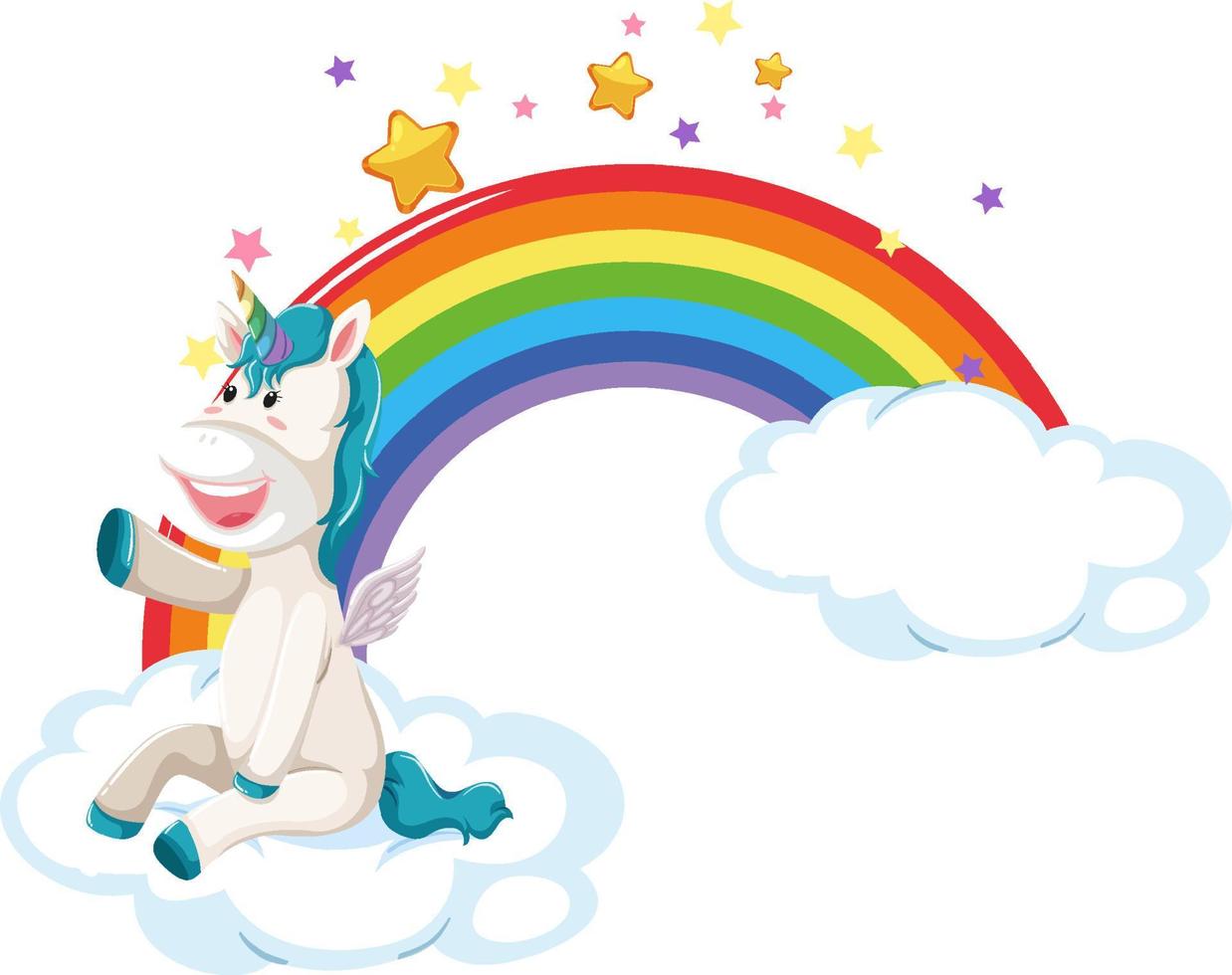 cartone animato pegaso seduto su una nuvola con arcobaleno vettore