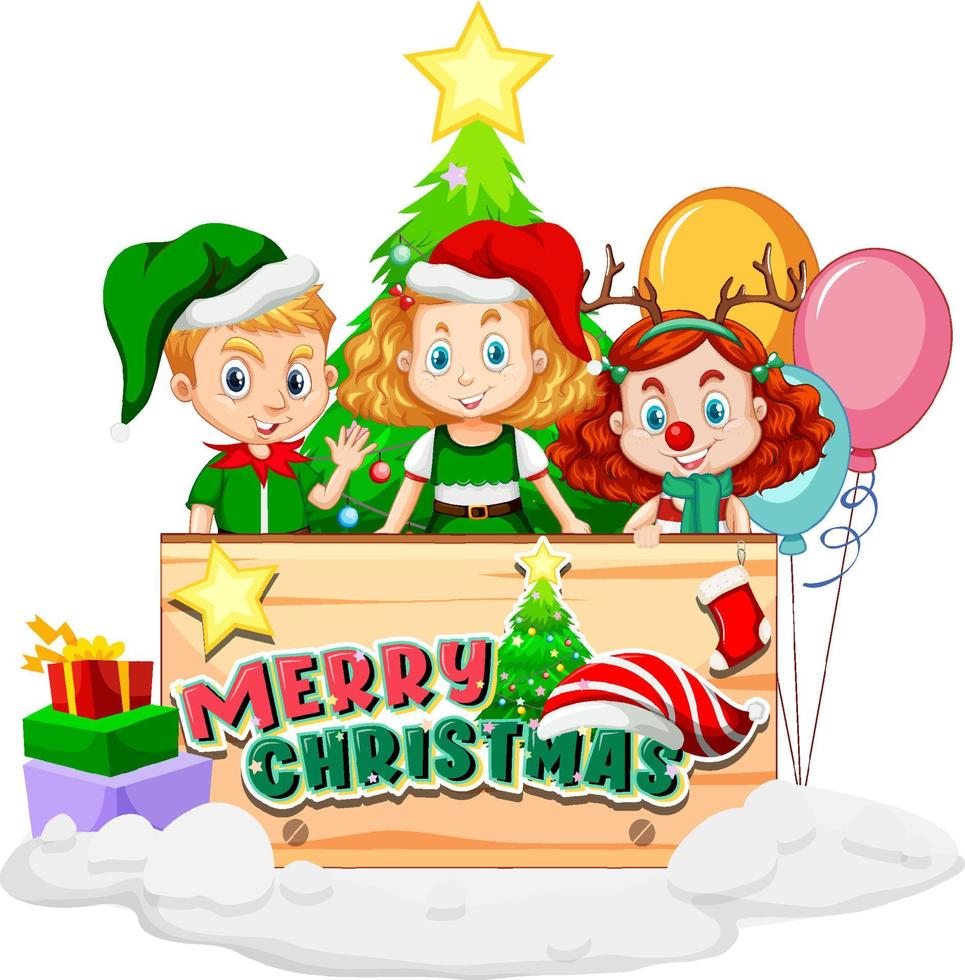 Merry Christmas Board con bambini in costumi natalizi vettore