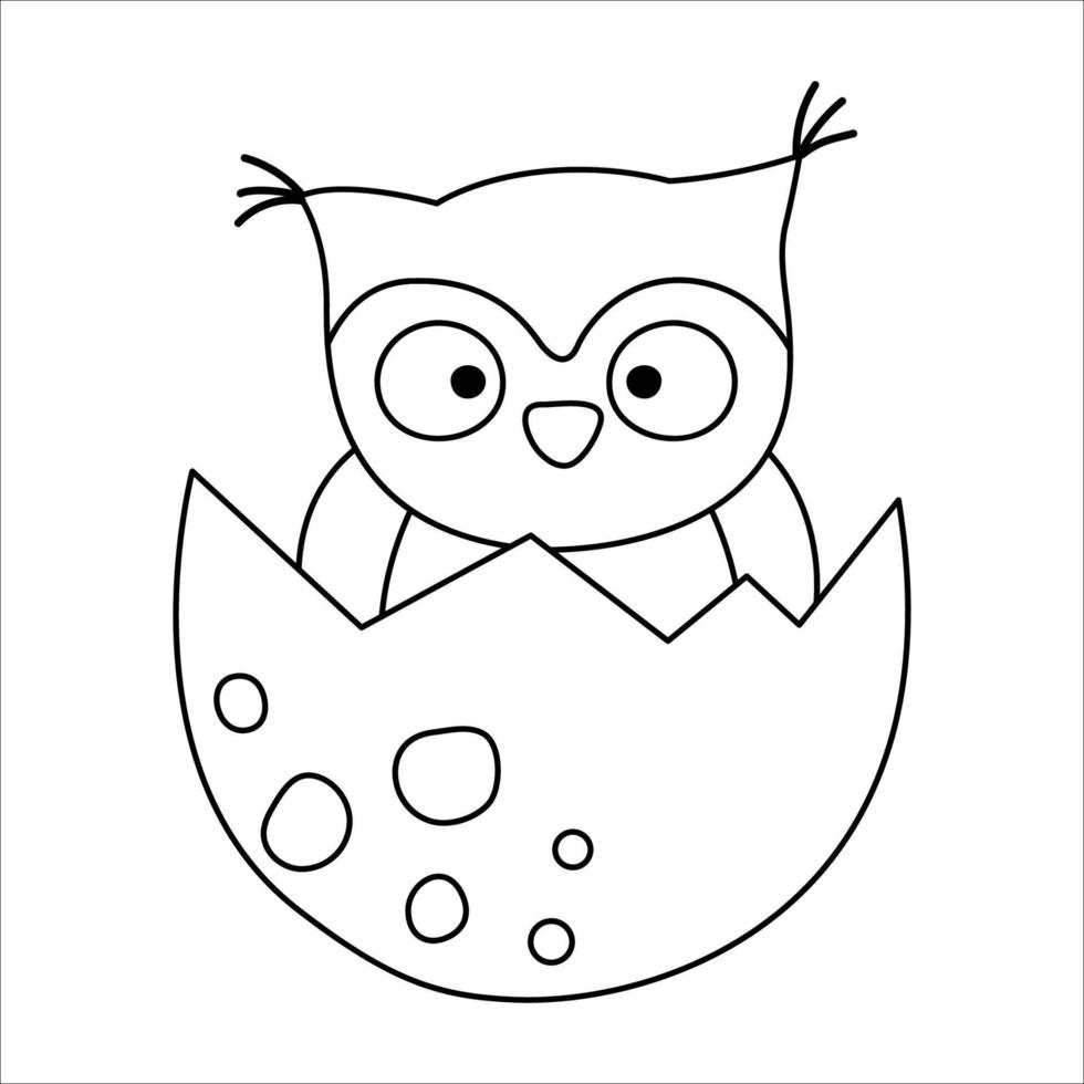 vettore icona adagiata gufo bianco e nero. piccola illustrazione del profilo dell'uccello del bosco. carino il disegno di una civetta appena schiusa seduta nel guscio d'uovo isolato su sfondo bianco.