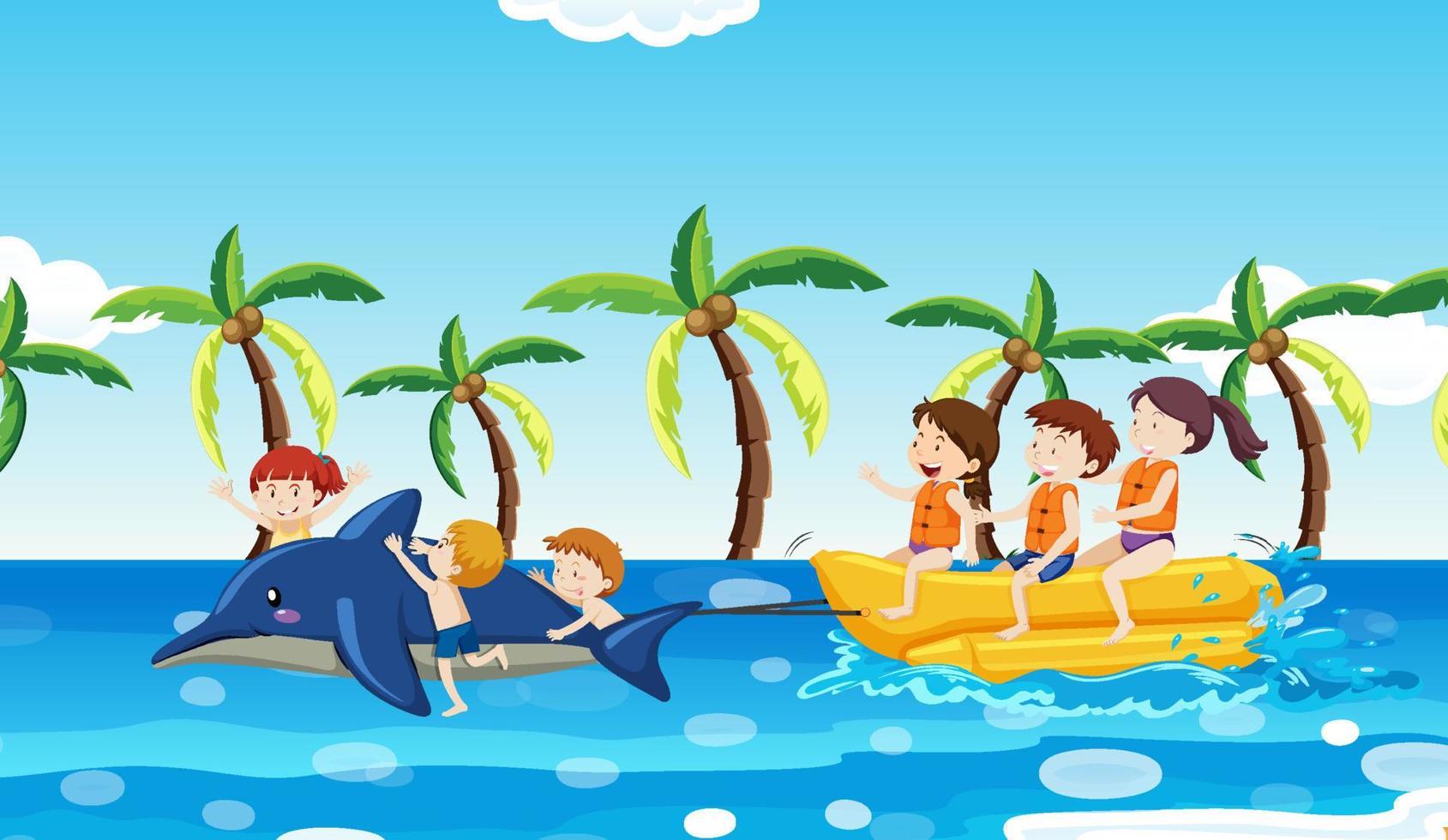 bambini in vacanza che riordinano banana boat vettore