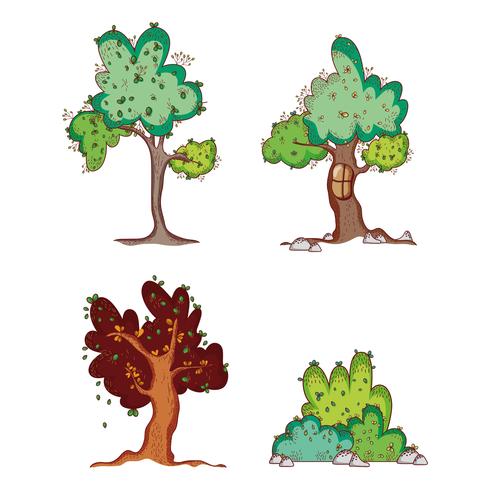 Set di alberi scarabocchi cartoni animati vettore